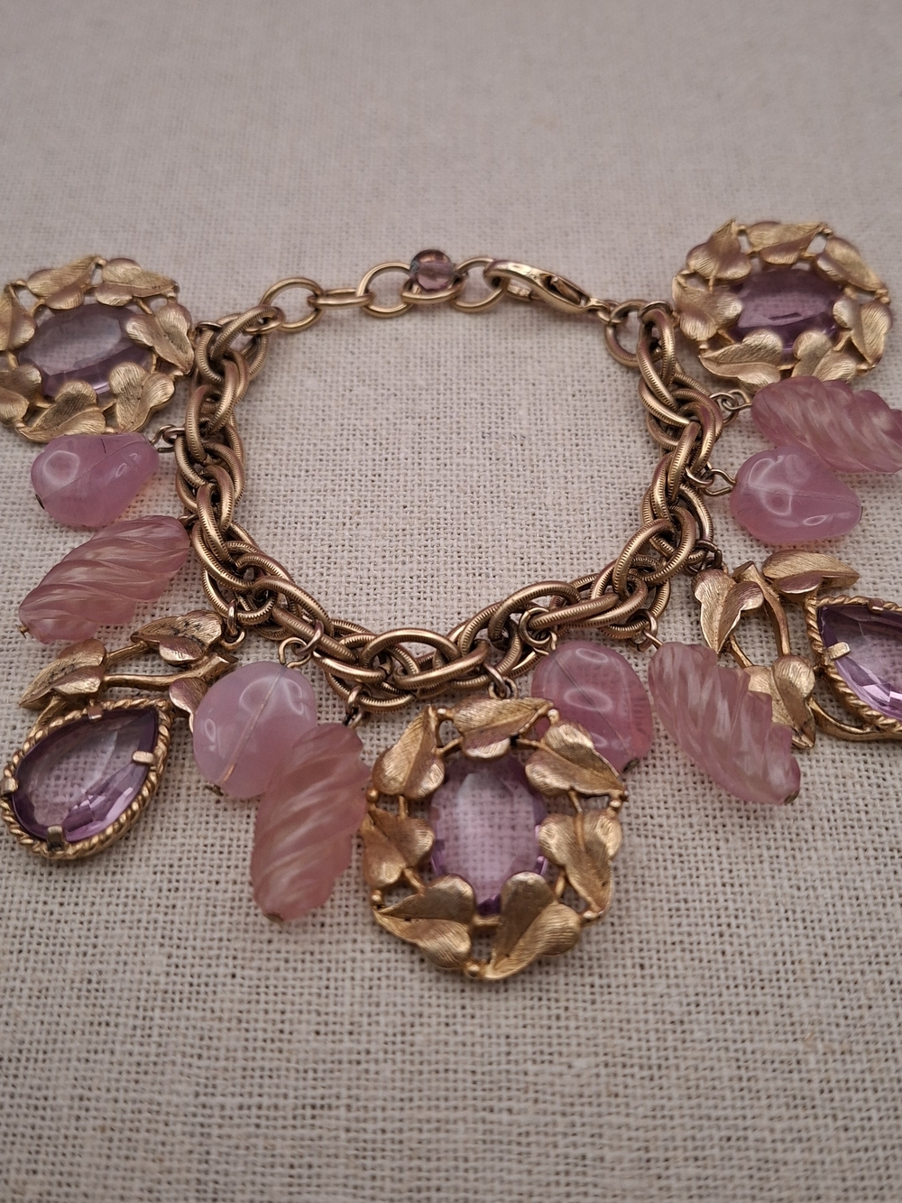 Vintage-Inspired Pink And Purple  Glass Charm Bracelet - Women Jewelry